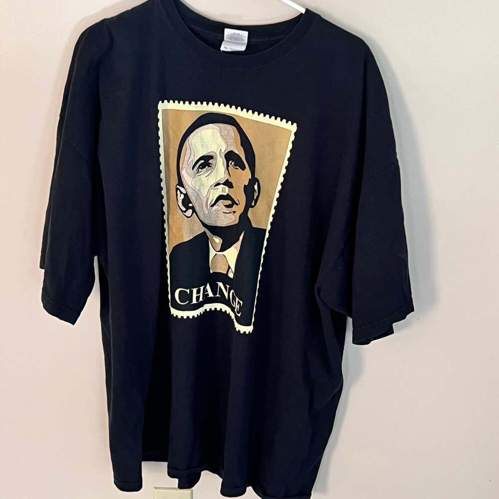 Vintage Y2K Barack Obama Change Stamp Logo Brown T-Shirt